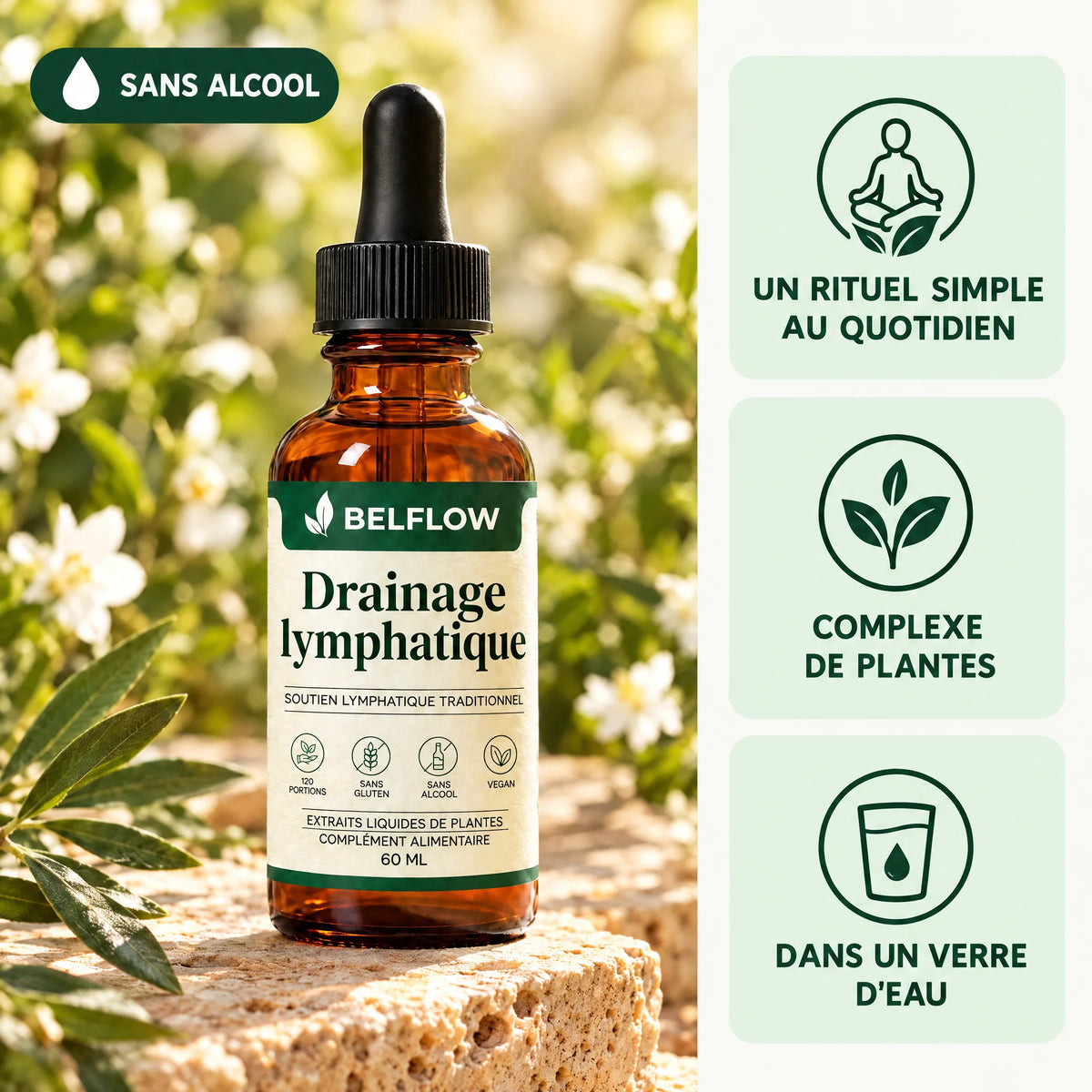 Flacon Belflow Gouttes Équilibre sans alcool, complexe de plantes à diluer dans un verre d'eau