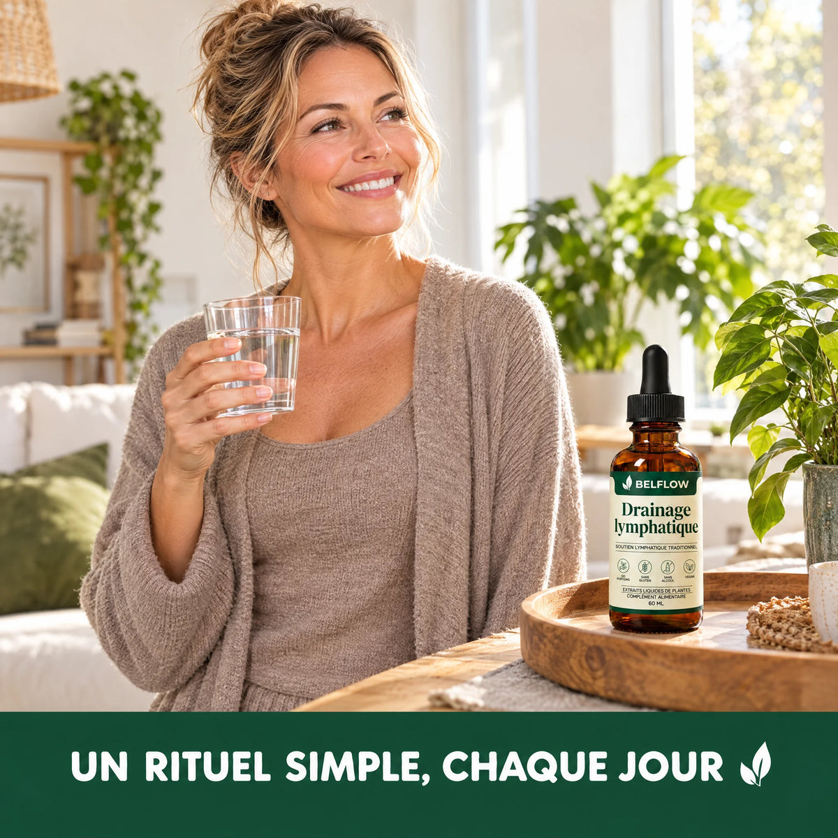 Femme tenant un verre d'eau près du flacon Belflow, un rituel simple chaque jour