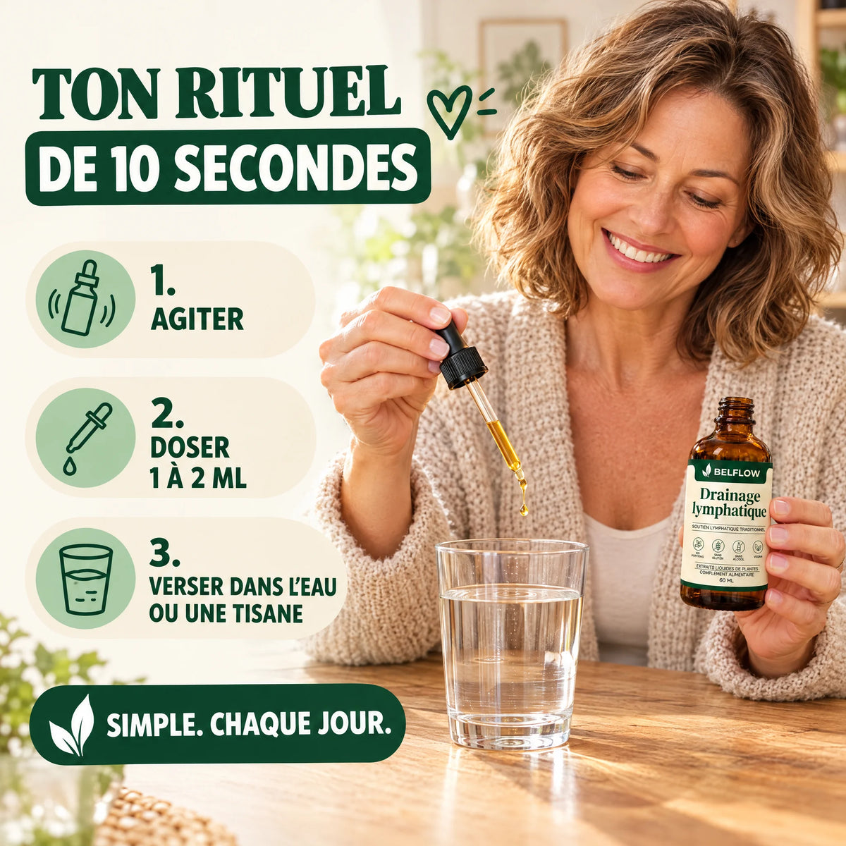 Rituel de 10 secondes : agiter, doser 1 à 2 ml, verser dans l'eau ou une tisane