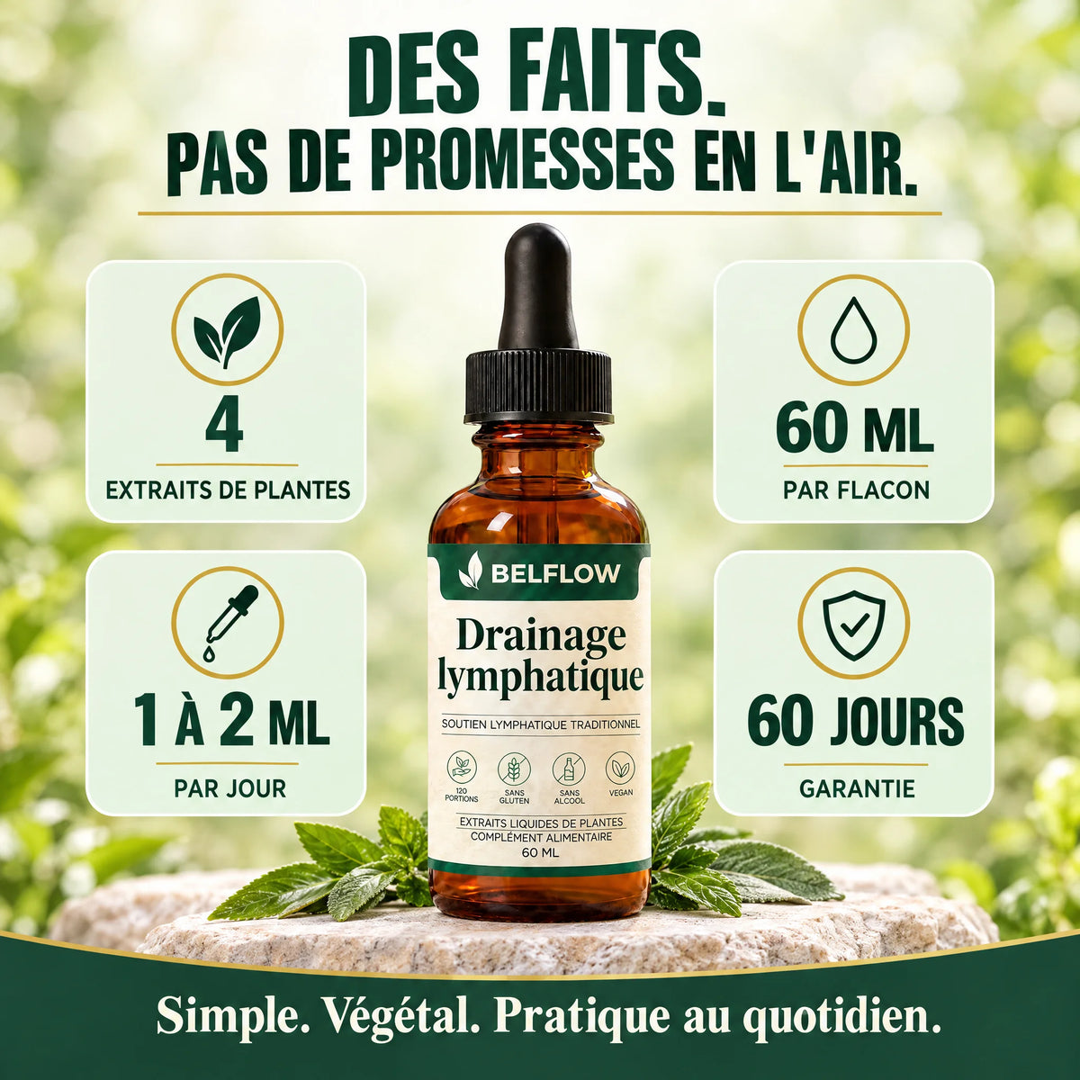 Belflow en chiffres : 4 extraits de plantes, 60 ml par flacon, 1 à 2 ml par jour, garantie 60 jours