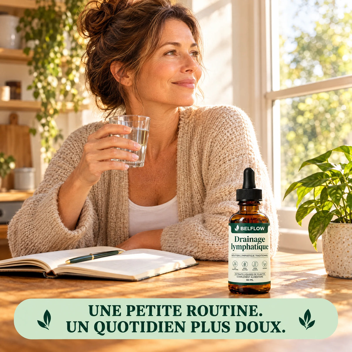 Femme à table avec un verre d'eau et le flacon Belflow, une petite routine au quotidien